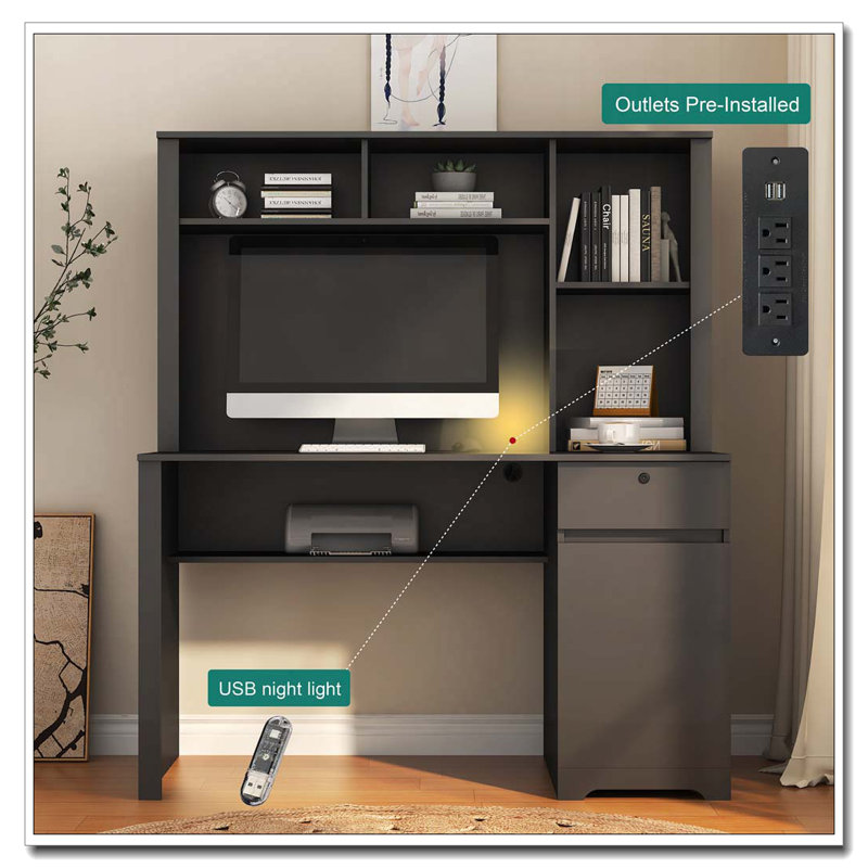 Bureau d'ordinateur avec huche et bibliothèque, bureau de direction en bois pour adolescents, Noir