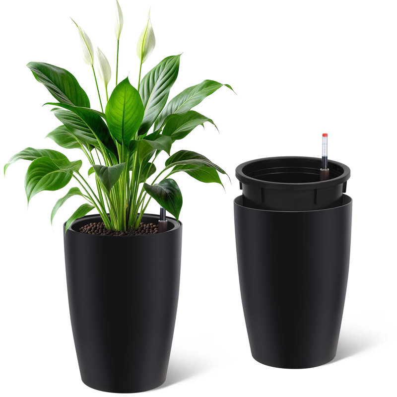 Self-Watering Tall Planters Set of 2, 16" Large Plant Pots with Drainage & Water Level Gauge, Indoor Outdoor Flower Pot for Patio, Porch, Living Room