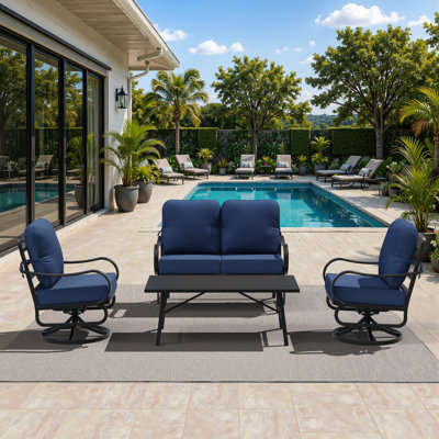 4-Piece Patio Conversation Set with Loveseat, Swivel Chairs, Coffee Table & Blue Olefin Cushions