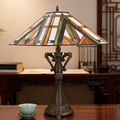 Lampe de table de style Tiffany avec abat-jour en vitrail et lampe de bureau de mission à finition bronze pour chambre à coucher, bureau à domicile, lecture
