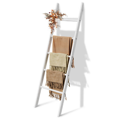 Échelle à couvertures pour le salon et la chambre à coucher, porte-couvert rustique décoratif à 5 niveaux, support à courtepointe, échelle, facile à assembler, blanc délavé