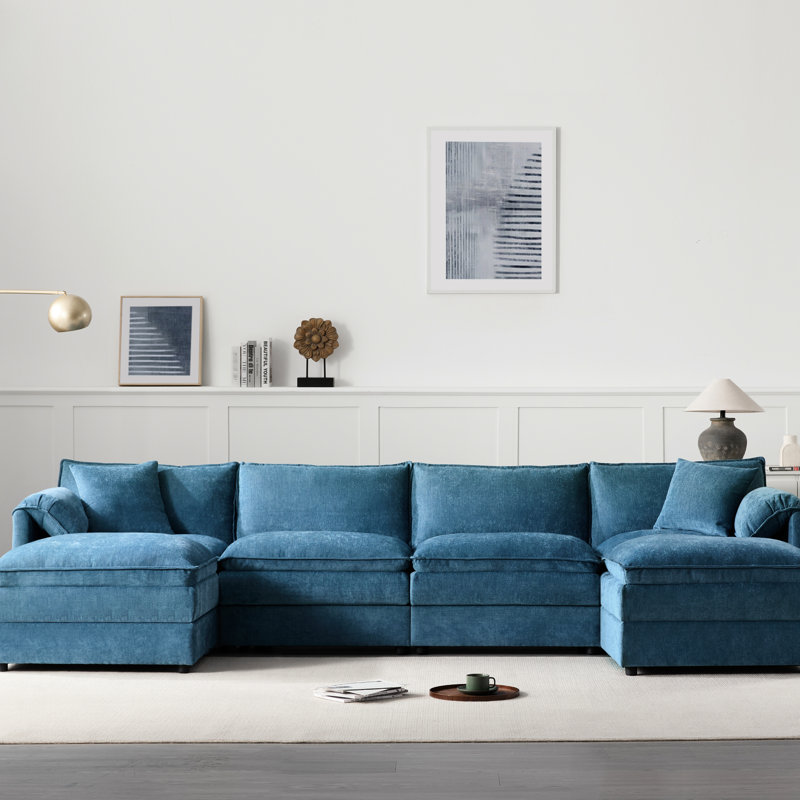 Canapé modulaire en forme de U en chenille bleue avec profondeur d'assise généreuse et coussins doubles, 6 repose-pieds amovibles pour salon de 136 po de profondeur, coussins repose-pieds,