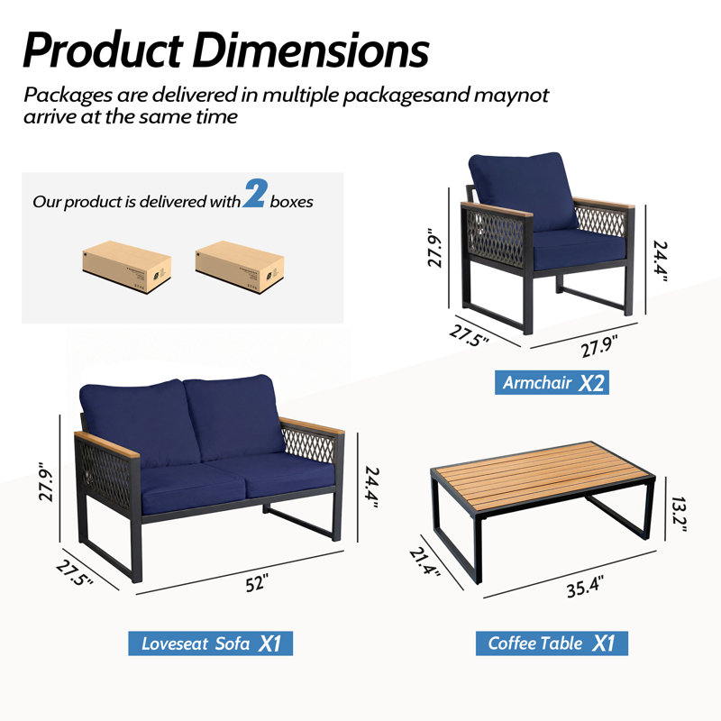 Canapé de patio droit pour 4 personnes avec coussin résistant aux intempéries, Marine