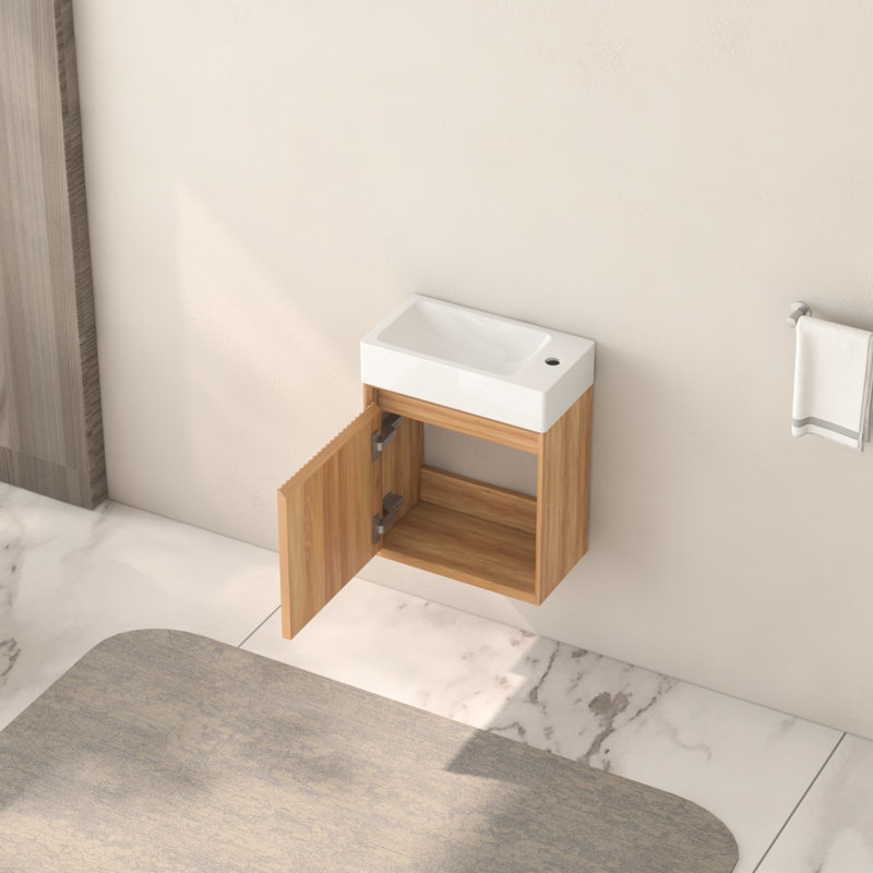 Meuble-lavabo mural en bois massif 16 po, lavabo en résine blanche, design européen moderne américain, mouvement à charnière lisse en bois, fonction réversible à fermeture en douceur