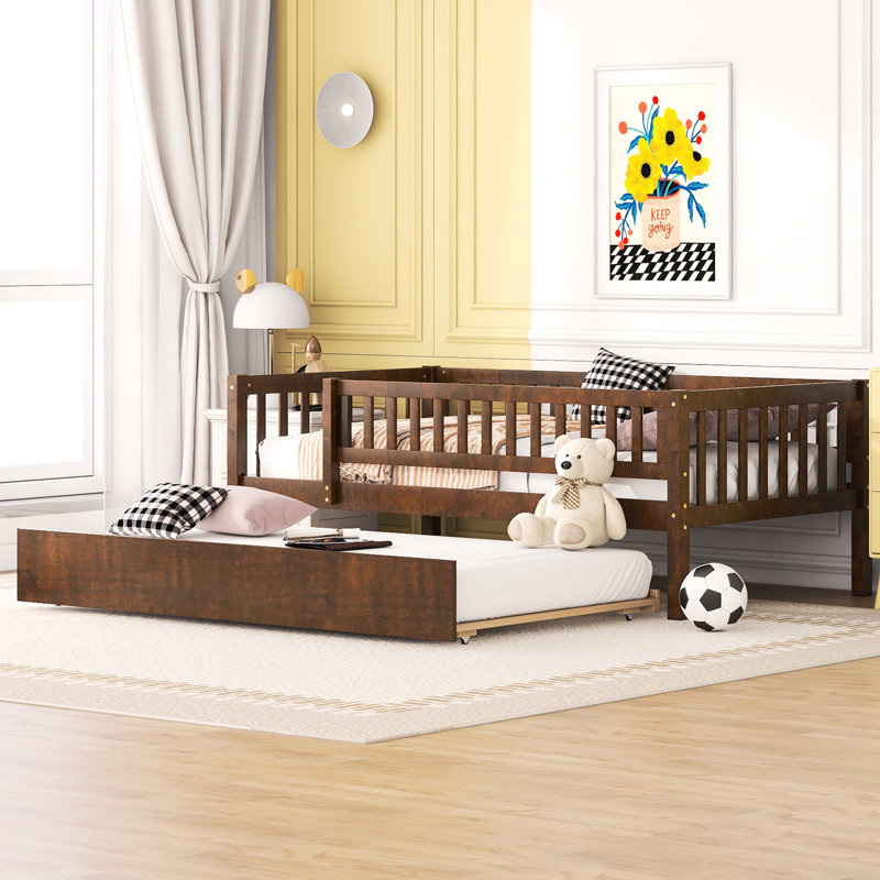 Walnut Twin Daybed With Extra Trundle And Protective Fence Guardrails In Tone, Walnut, Twin