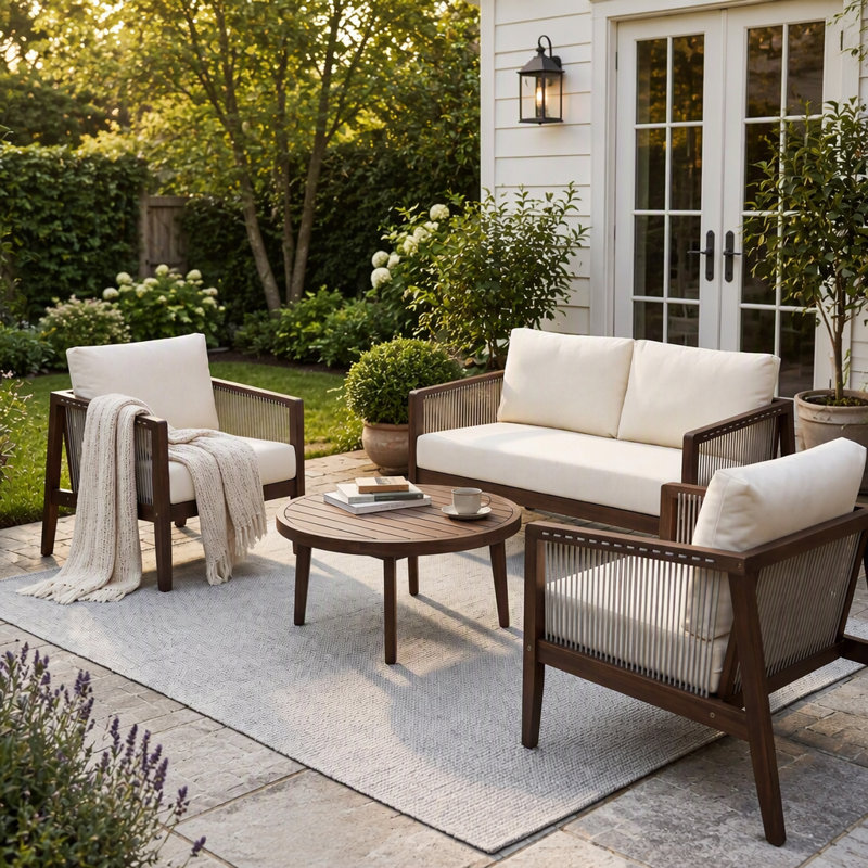 Ensemble de canapé extérieur quatre pièces avec détails en corde et coussins hydrofuges pour se détendre sur la terrasse.