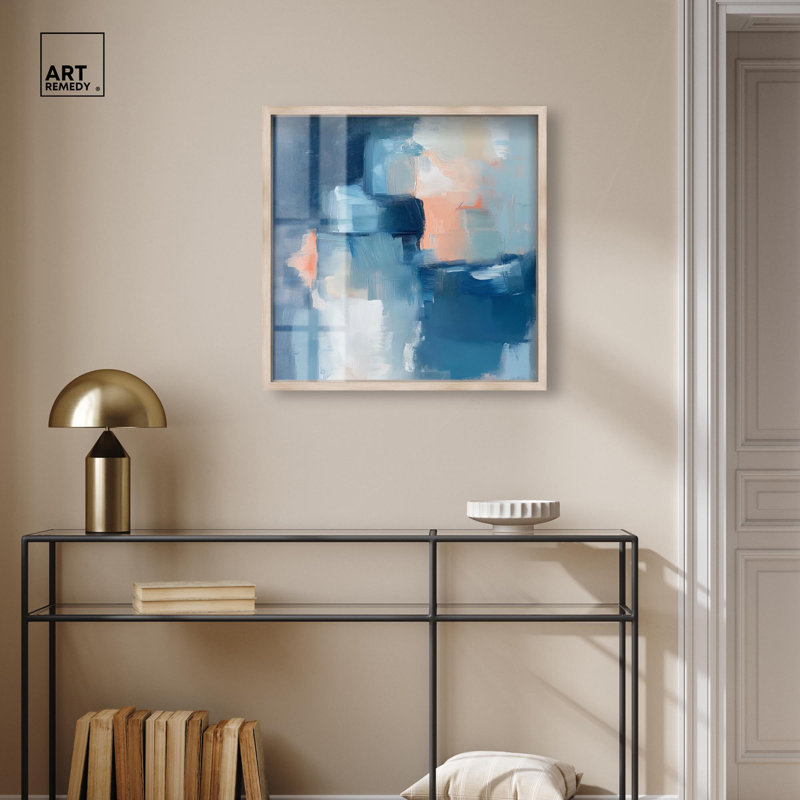 «Whispering Blue I Shadowbox Print», art abstrait bleu par Art Remedy, H 25 po x l 25 po, Crème, crème