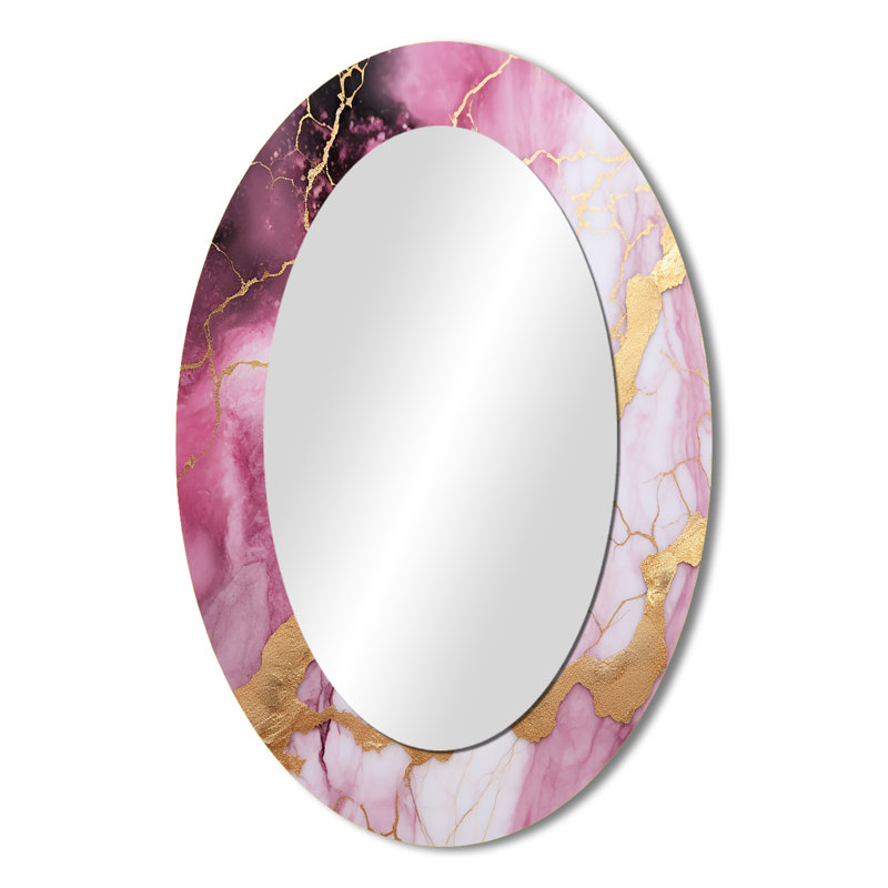 Pink And Gold Marble Essence III - Large Oval Wall Mirror On Metal, 36" x 24"
