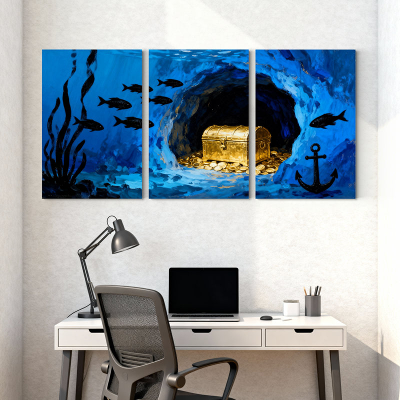 Coffre à trésor sous-marin avec poisson et ancre, ensemble de 3 impressions sur toile, H 30 po x l 60 po