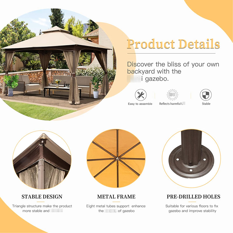 10'X13' Backyard Gazebo - Metal, Double Roof, Net, Waterproof, Stable, Khaki Canopy Tent For Patio Metal Construction, Blocking, Waterproof  Khaki
