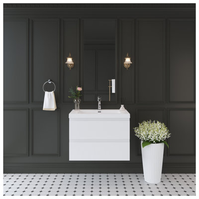 Meuble-lavabo suspendu de 76 cm (30 po) avec comptoir en surface solide, armoire murale avec tiroirs à fermeture amortie, blanc lustré
