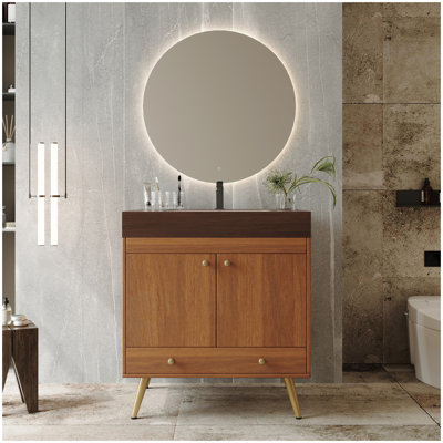 Mid-Century  Free-standing Bathroom Vanity with Faux Marble Top & Ceramic Sink, 30" Double Door Storage Cabinet, Waterproof Engineered Wood, Gold Legs