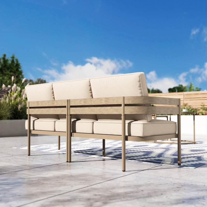 Outdoor Sofa – Faux Wood Frame, Weather-resistant Cushions