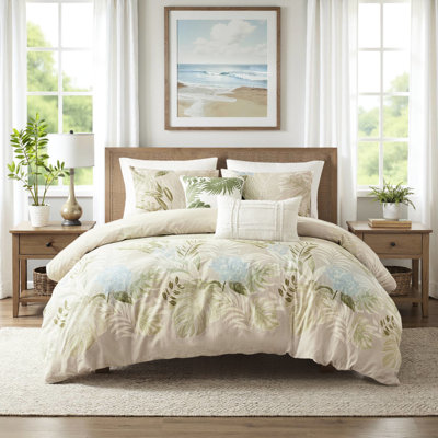Housse de couette 5 pièces pour lit King/King, motif tropical bleu, 100 % coton, avec coussins décoratifs et attaches intérieures. Fermeture à glissière invisible.