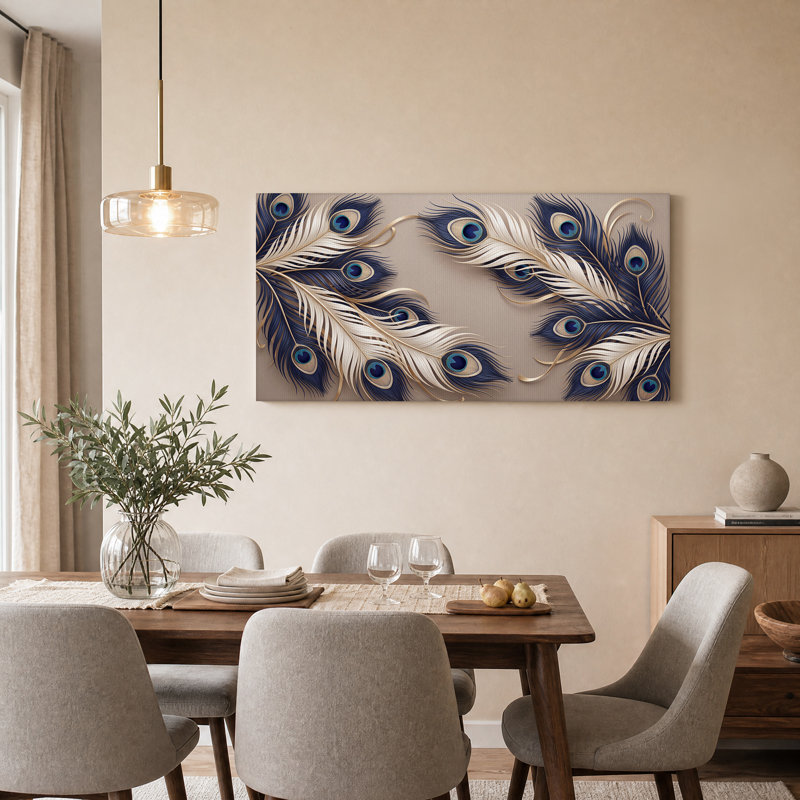 Tableau sur toile à motif de plumes de paon bleu marine et blanches avec détails dorés, L 46 po x H 24 po