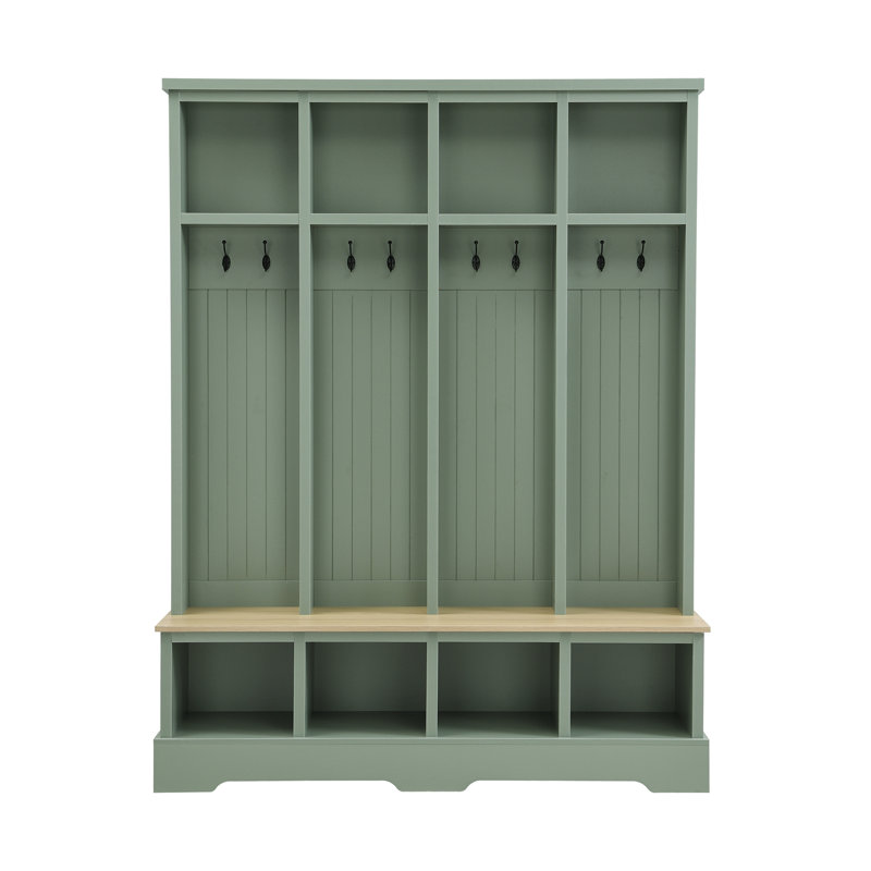 Farmhouse Hall Tree with 8 Hooks, Practical Entryway Bench with Open Compartments, Mint Green