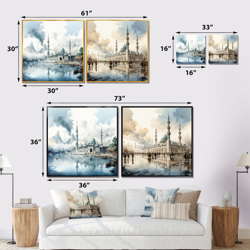 Ensemble de 2 impressions sur toile «Mosquée», Cadre flottant doré, H 36 po x l 73 po x P 1,5 po