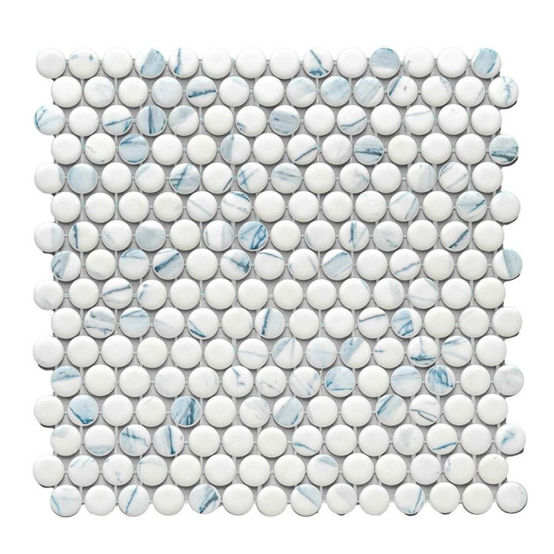 Eterna Penny 12"x12" Recycled Glass Mosaic Tile, Calacatta Blue