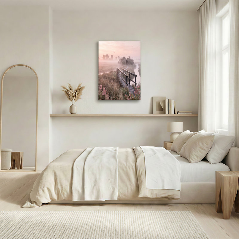 «Winding Wooden Boardwalk travers Misty Marsh» avec toile rose ciel, H 16 po x l 24 po