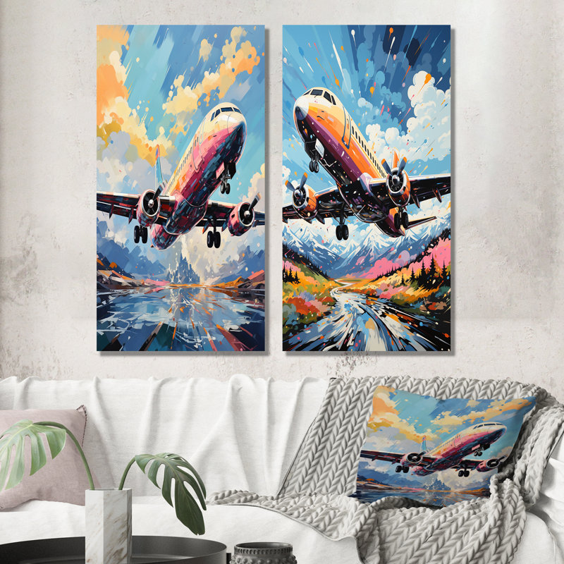 Pop Art Skyward Bound Plane - ensemble de 2 reproductions d'art mural, H 28 po x l 25 po, Toile tendue