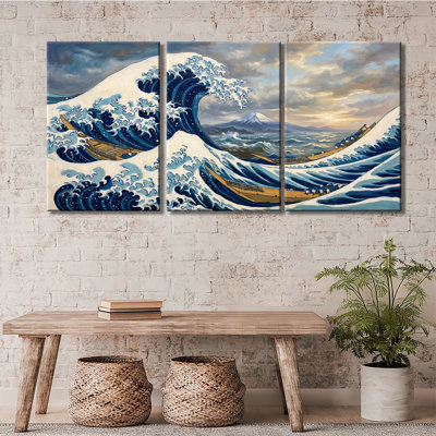 The Great Wave Off Kanagawa Japanese Ocean Canvas Wall Art - Premium Gallery Wrapped Canvas - Ready To Hang (Set of 3)