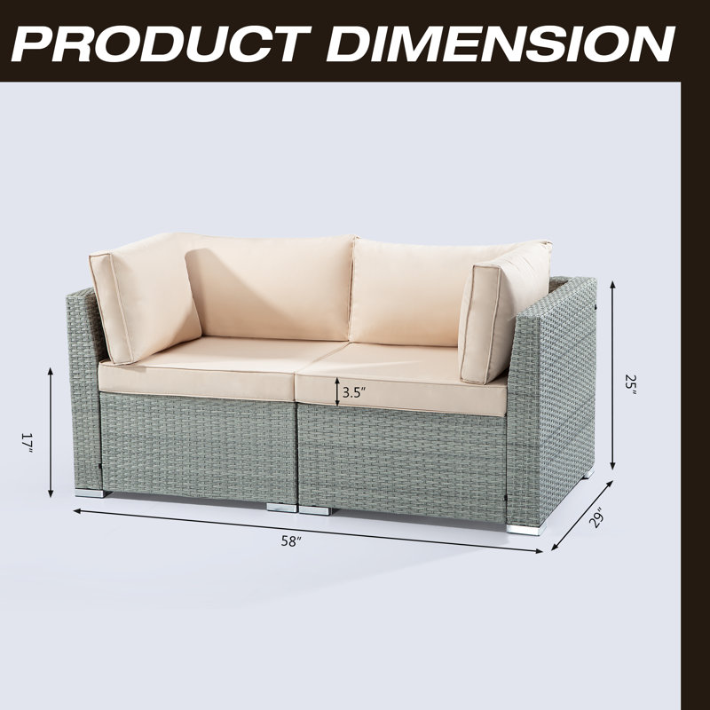 Causeuse d'extérieur en osier avec coussins de 58 po de largeur, Beige