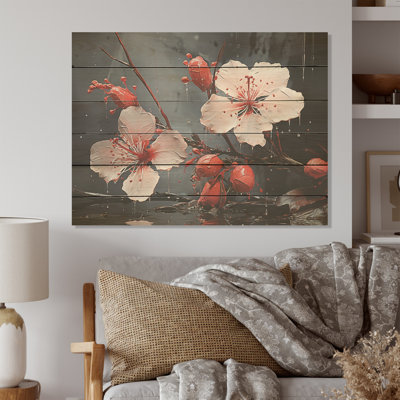 Hibiscus Pink Blossums - Hibiscus Wood Wall Art On Natural Pine Wood