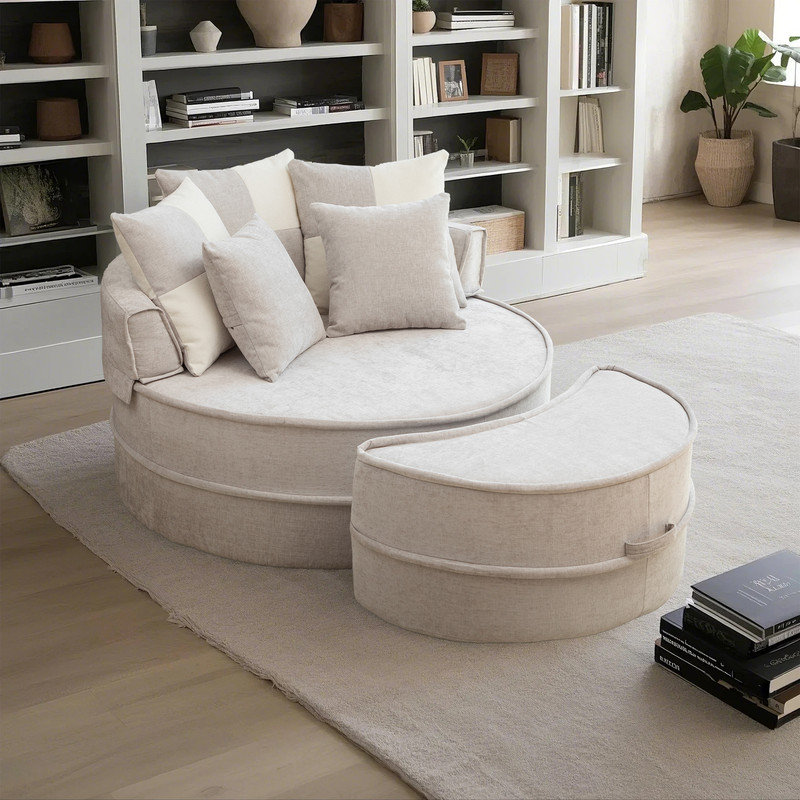Oversized Barrel Chair with 5 Pillows and Ottoman, Grey Chenille