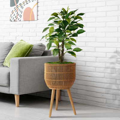 Jardinière d'intérieur avec support, grand panier en rotin pour plantes et fleurs avec pieds en bois, naturel