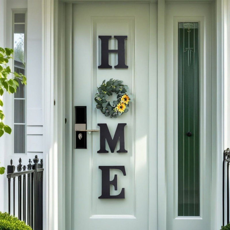 Farmhouse Wooden HOME Letters with Interchangeable Wreath - Rustic Door Hanging Sign for Entryway & Wall Decor, Sunflower
