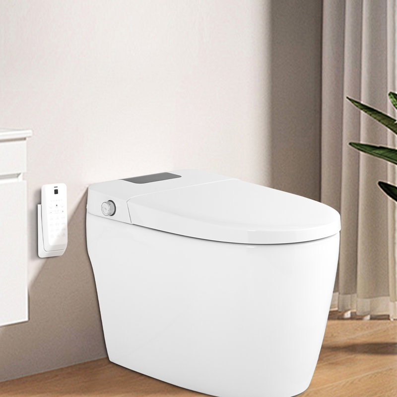 Toilette intelligente avec couvercle ouvert avec capteur de pied, siège chauffant, affichage à DEL, buse autonettoyante, nuit, fonction de chasse automatique à bouton latéral