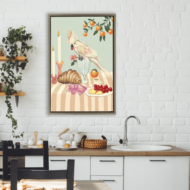 Petit déjeuner avec cadre flottant oiseau Cockatiel, design par Florentina Dolci, H 31 po x l 21 po