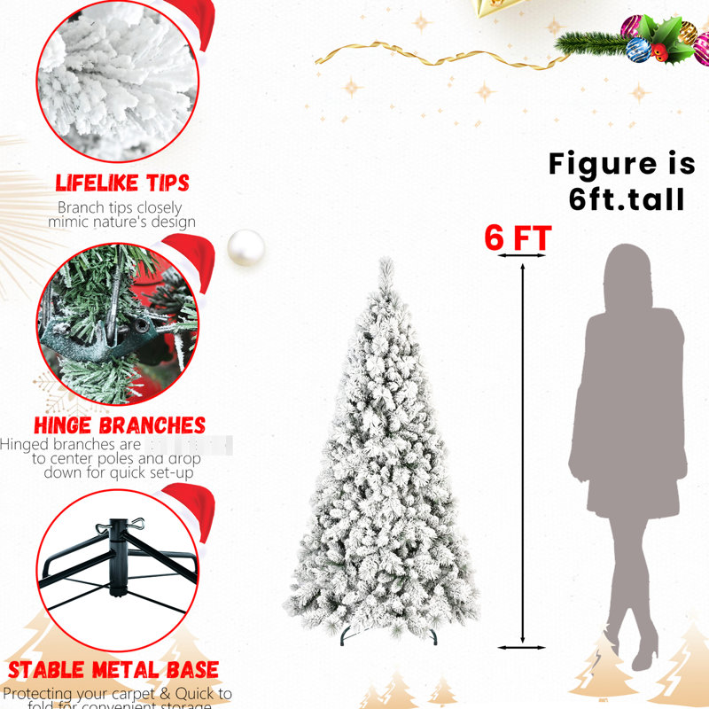 Arbre de Noël de 7 pi avec 1060 branches à aiguille floquées et dures, système à charnières à connexion rapide, support fiable, idéal pour les espaces de fêtes saisonniers recouverts de neige, avec une structure à installation rapide,