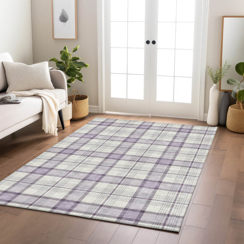 Lavender Plaid Washable Synthetic Indoor/Outdoor Rug