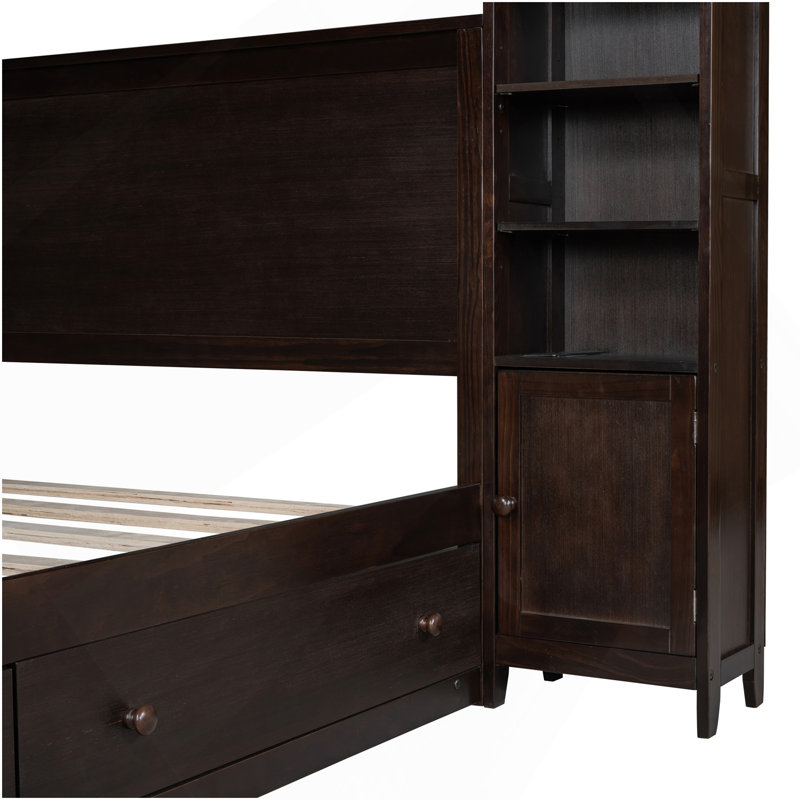 Grand lit en bois avec armoire tout-en-un, tablette et prises, espresso, Espresso