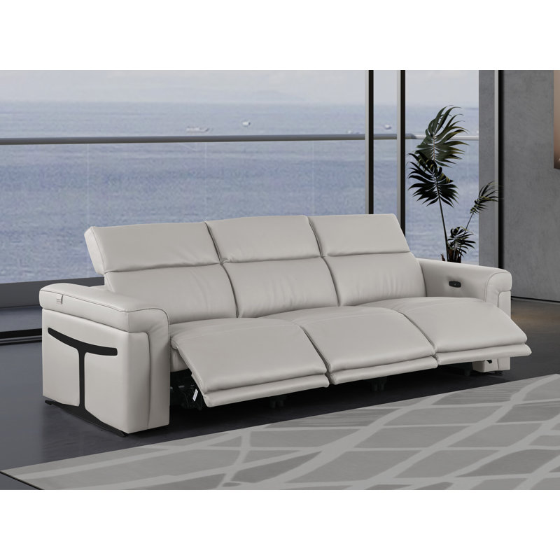3-Power Seat Reclining Italian Leather Sofa With Power Headrest, Gray
