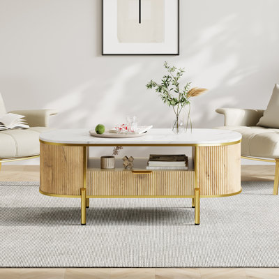 Table basse 48 po ovale avec tiroir, table de centre cannelée en bois avec plateau en faux marbre, table d'appoint décorative pour salon, bureau de chambre à coucher