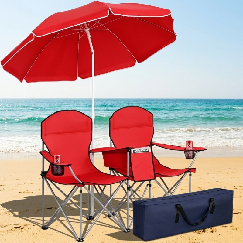 Chaise d'extérieur à double siège avec parasol, Rouge