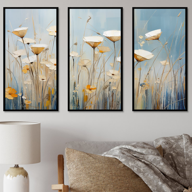 «Beige Minimalisme Wildflowers Breeze» - ensemble d'art mural fleurs sauvages, Cadre flottant noir
