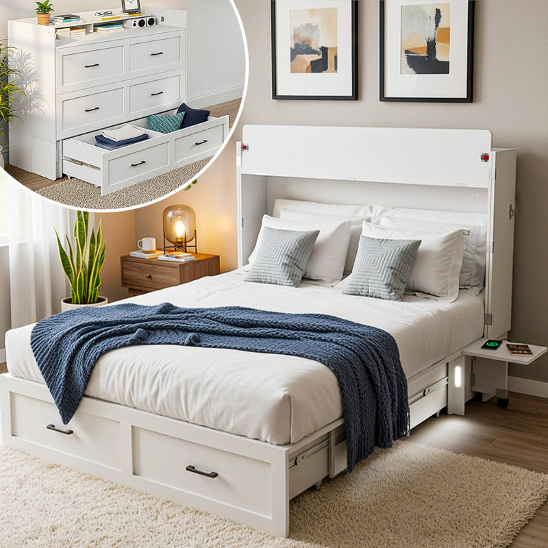 Murphy Bed with Motion Sensor Lights, Foldable Platform Bed Frame with Storage and Charging Station for Bedroom, Guest Room, Office