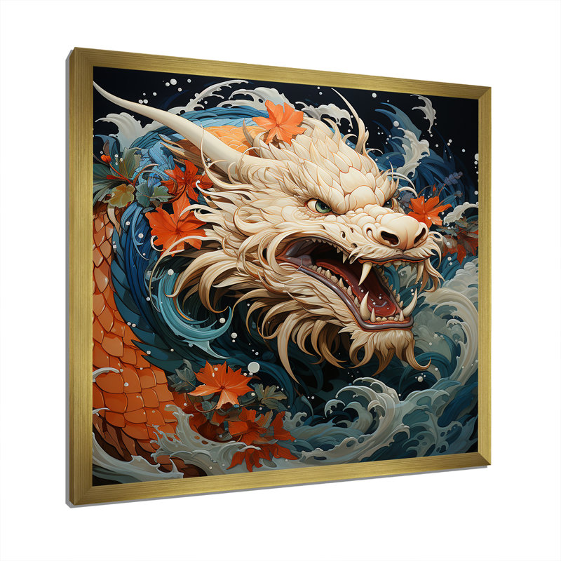 Vague de dragon japonais au large de Kanagawa I - Dragons, art mural, Cadre doré simple, H 36 po x l 36 po x P 1,5 po
