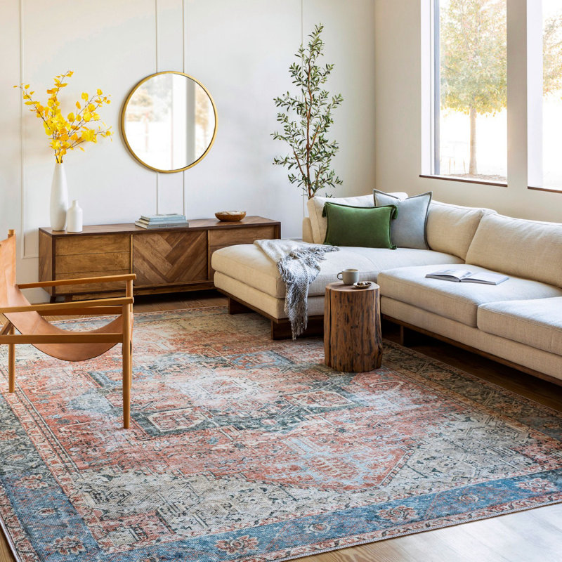 Rust Blue Traditional Washable Rug, Bordered Floral Anti-Slip Rug For Living Room, Dining Room, Bedroom