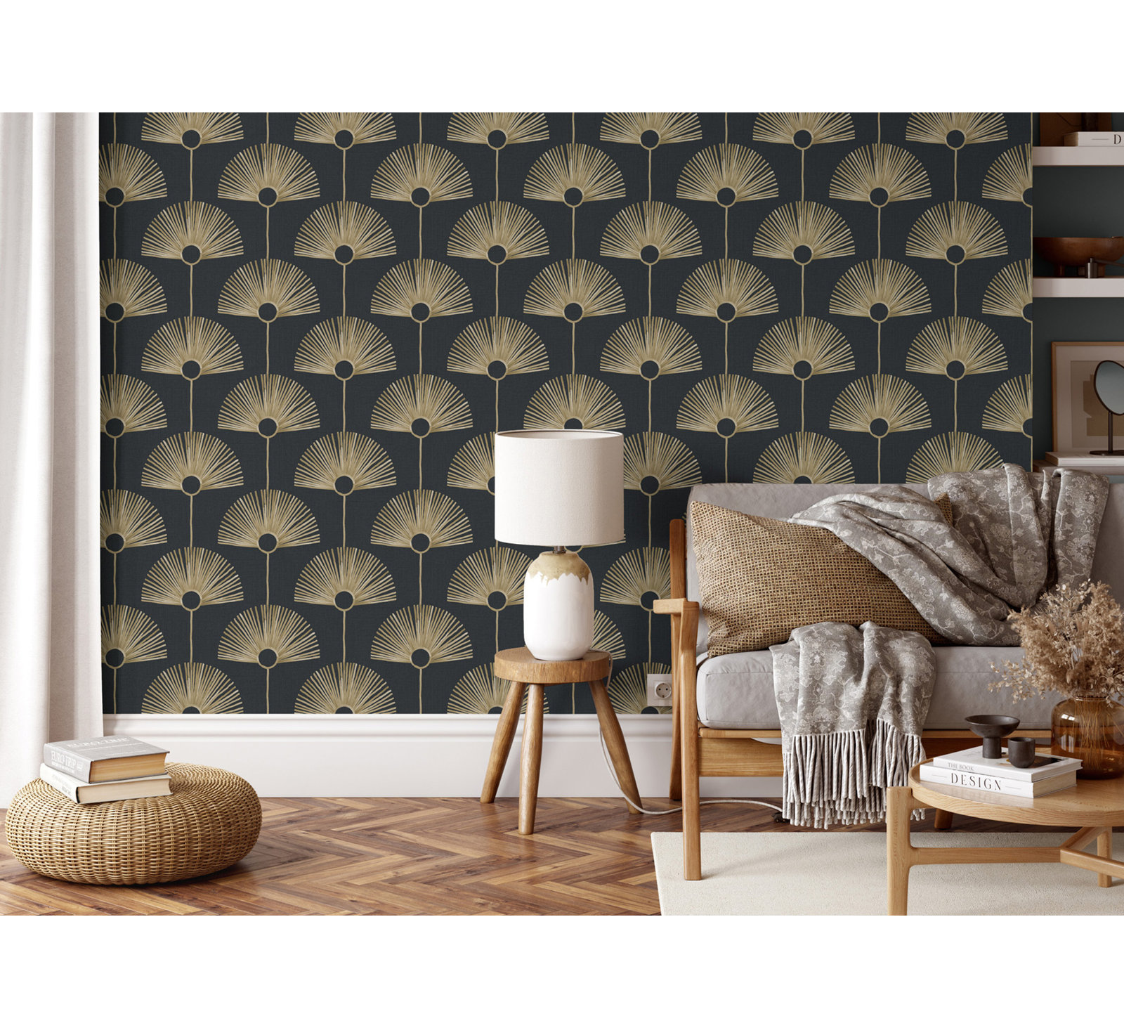 Mitchell Black Deco Fan Self-Adhesive Wallpaper, Black Gold, Non-pasted