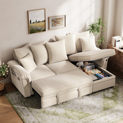 Felipe 90.5'' Upholstered L-shape Modular Sectional with Storage, Pull-out Couch & USB Port