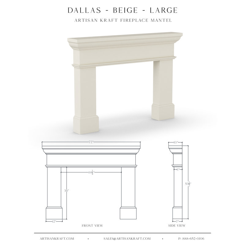 Dallas Cast Stone Mantel With Beveled Hearth, 53.5" H x 72" W x 10" D, Beige