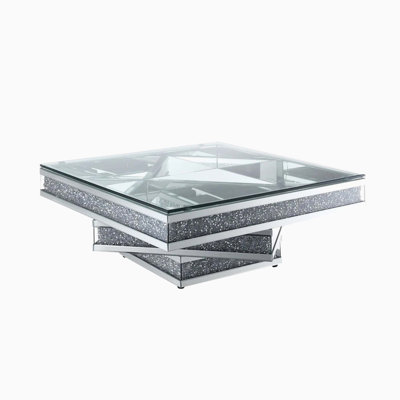 Modern Glam Mirrored Glass Coffee Table with Acrylic diamond Square Three-layer Centre Table Living room furniture