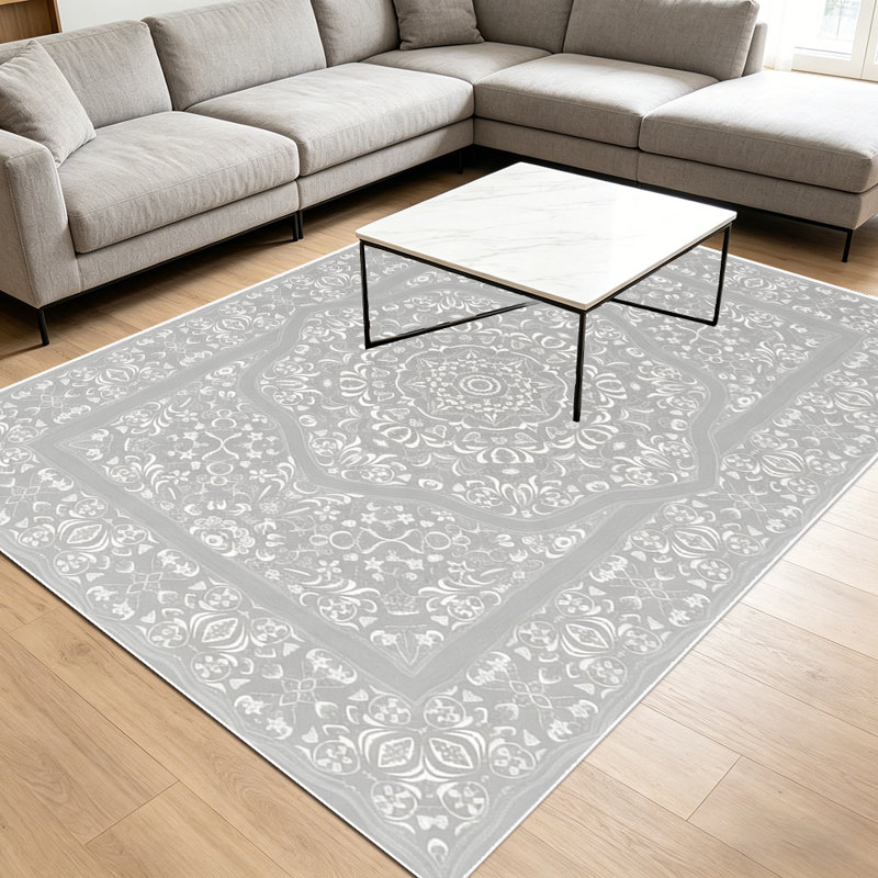 1PC Distressed Light Grey Bohemian Medallion Floral area rugs, Soft and Comfortable, easy-to-maintain, machine washable Indoor floor mat, suitable for living room, bedroom, dining room, entryway, patio, porch, hallway, Home Decor, Outdoor Decor.