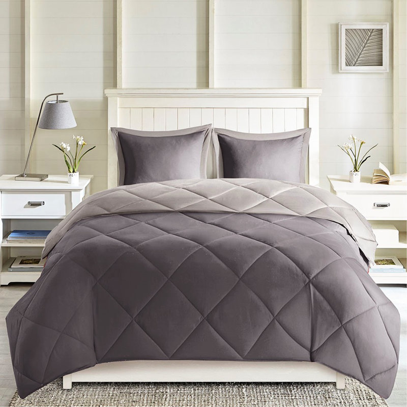 Édredon 100% microfibre 3 m avec bourre réversible, Édredon double et 2 taies décoratives, Gris