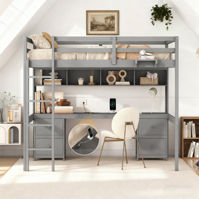 Full Size Loft Bed with Built-In Desk, Charging Station, Cabinets, Drawers & Bedside Tray | Solid Wood Frame & Storage Maximizing Design
