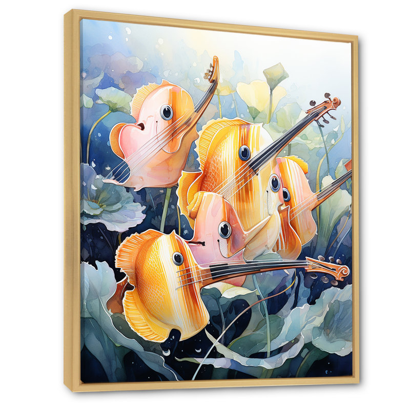 Orange papillon, musique mélodique - Art mural poisson papillon, Cadre flottant brun, H 44 po x l 34 po x P 1,5 po